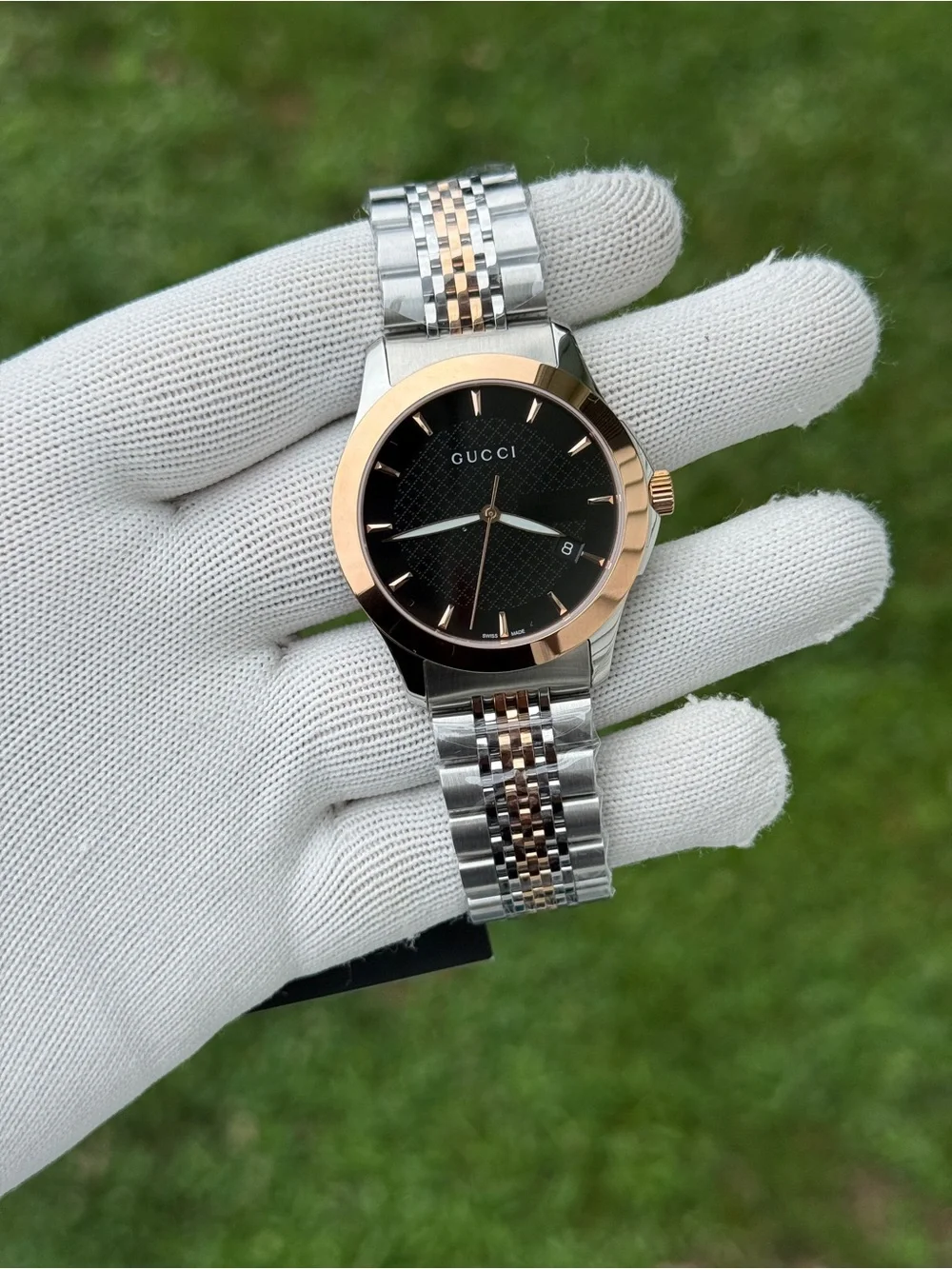 Gucci G TIME Two-Tone Silver and Rose Gold Watch with Black Dial unisex